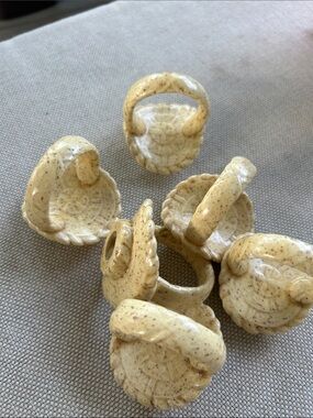 Vintage Ceramic Mini Basket Napkin Rings - Speckled Cream Set of 6